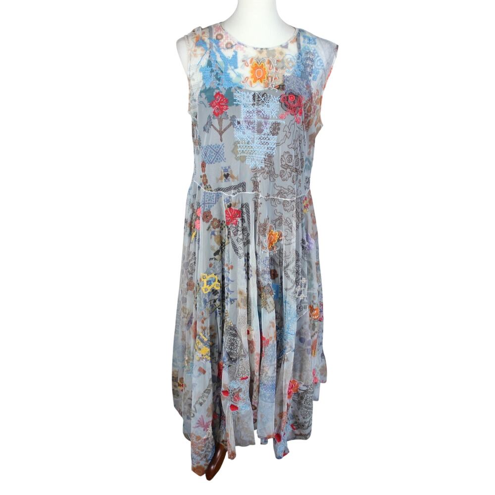 Johnny Was Biya Dress Womens Large Embroidered Mesh Floral Boho Midi Slip